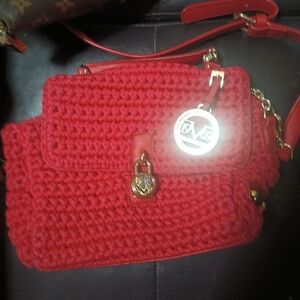 Red Crochet Crossbody Bag with Gold Hardware